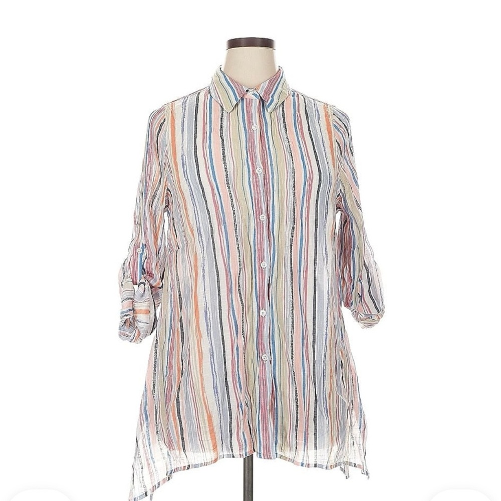 Robert Louis 1X Striped 3/4 Sleeve Tunic Button-Down Shirt